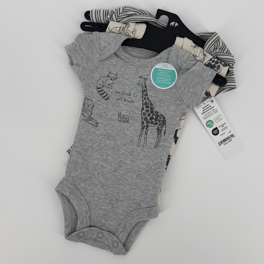 Carter's Preemie 0M Bodysuit Onepiece Set 3pc Neutral Animals Giraffe Baby NEW - Picture 6 of 6